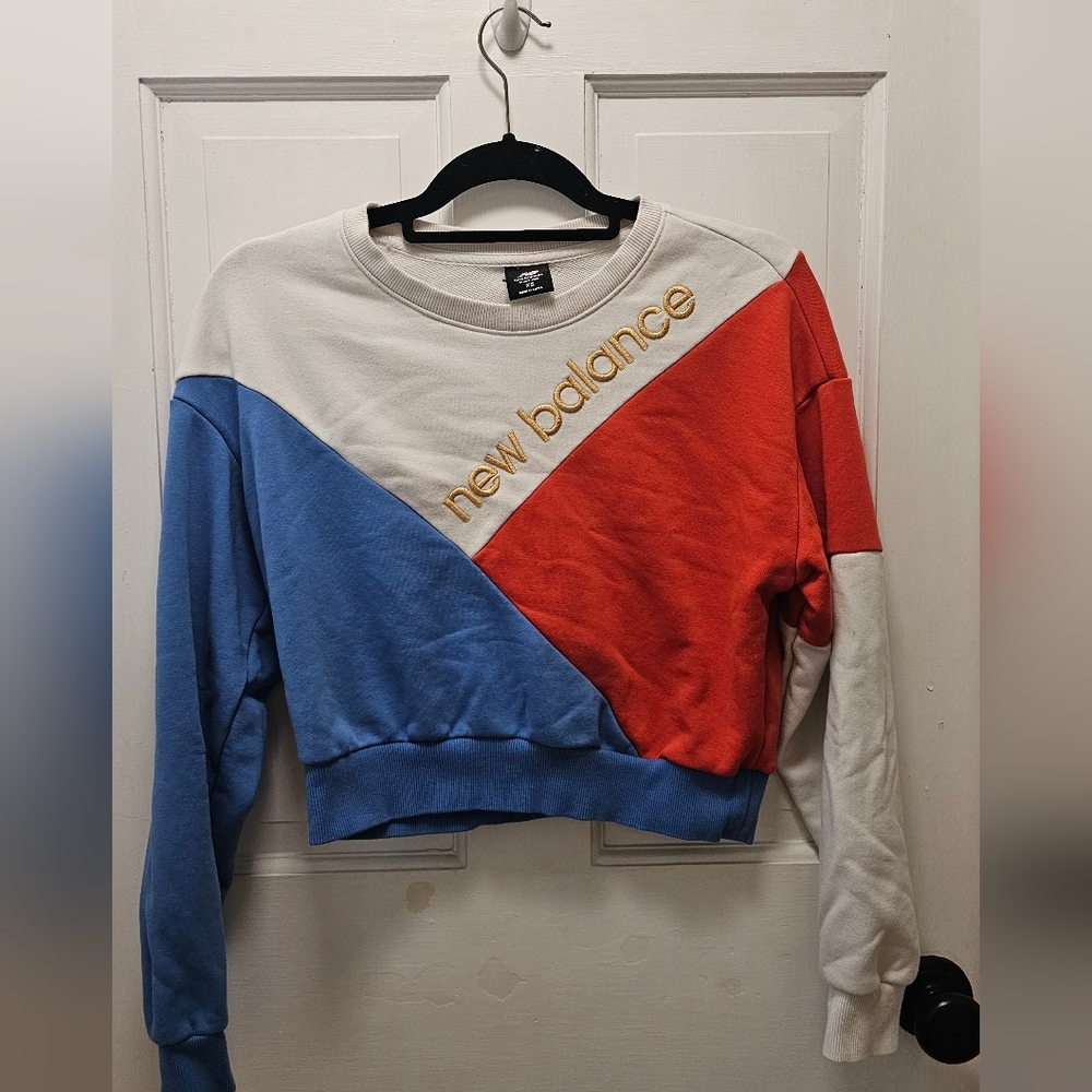 New Balance Colorblock Cropped Sweatshirt in Blue, Red & White